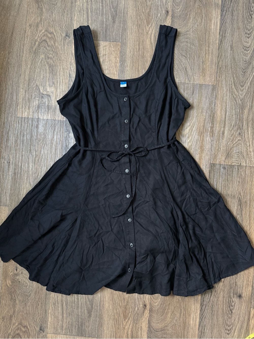 Old Navy Black Button-Front Tank Flare Dress with Tie Waist Rayon L